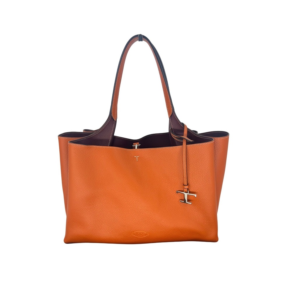 Tod's Medium Leather Tote Bag Orange Burgundy - Picture 4 of 16